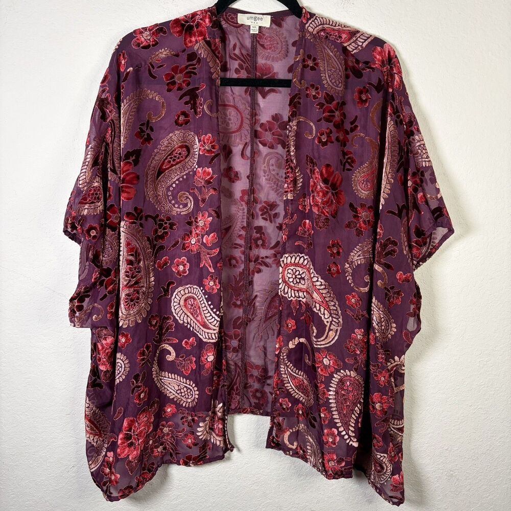 Umgee Velvet Burnout M/L Floral Kimono Duster Burgandy Flowy Boho Fairy